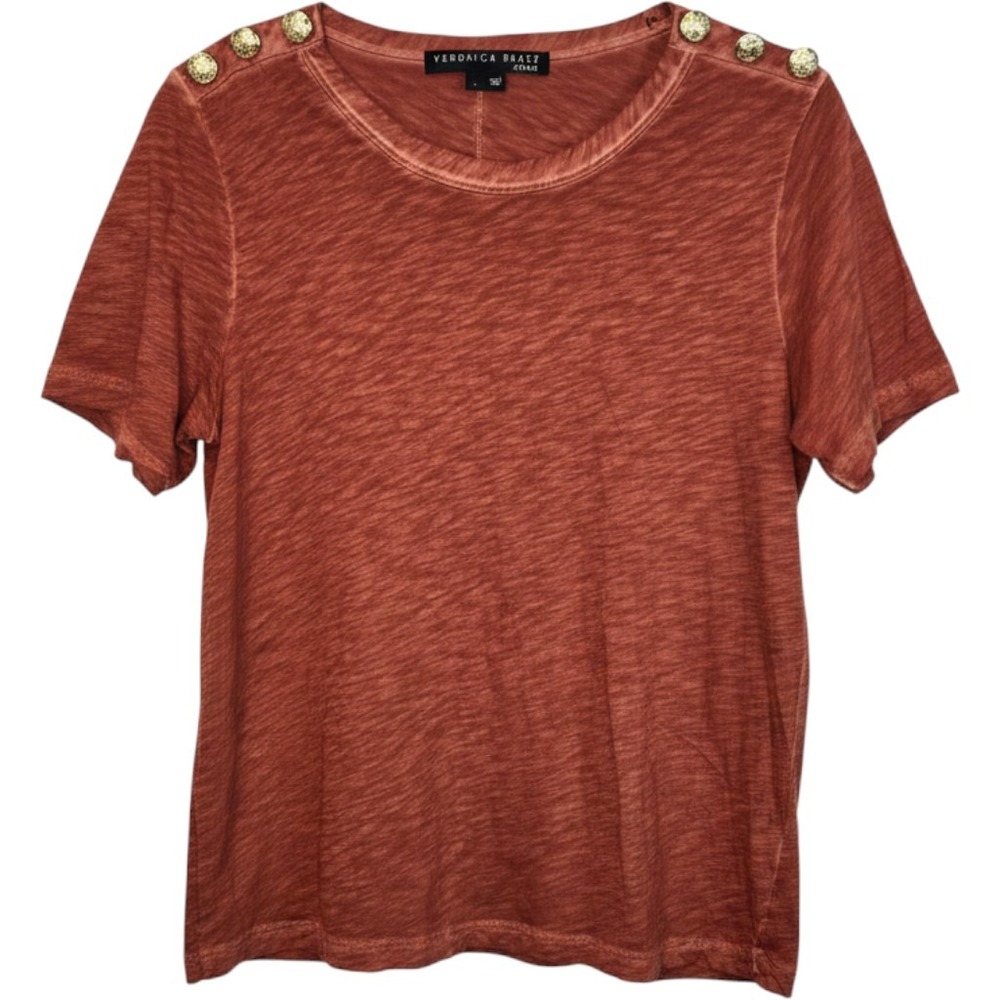 Veronica Beard Jeans Rust Orange Pima Cotton Button Shoulder Slub Tee Large